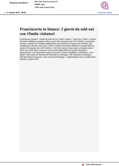 Da &quot;Brescia Corriere&quot; - Franciacorta in Bianco: 3 giorni da sold out con 15mila visitatori