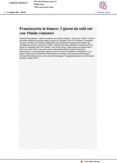 Da "Brescia Corriere" - Franciacorta in Bianco: 3 giorni da sold out con 15mila visitatori